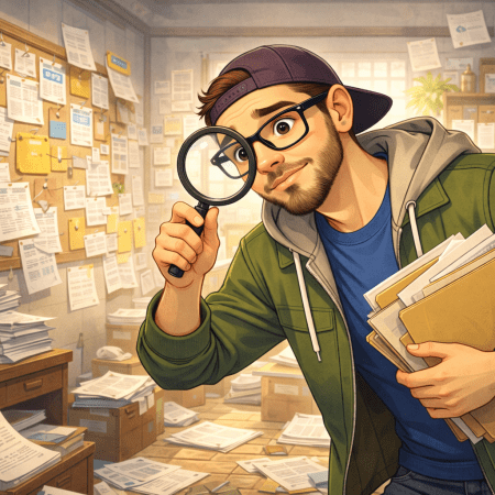 Illustration of a curious consultant holding a magnifying glass while standing in a room filled with scattered files and documents on the walls and floor, representing search as the primary way users find information.