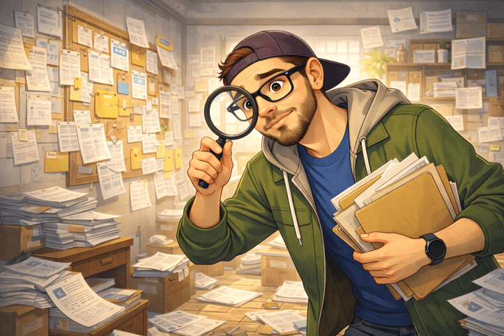 Illustration of a curious consultant holding a magnifying glass while standing in a room filled with scattered files and documents on the walls and floor, representing search as the primary way users find information.