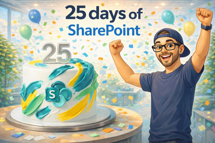 Cartoon illustration of a smiling presenter celebrating “25 days of SharePoint,” standing beside a SharePoint themed cake topped with a silver 25, with confetti and balloons in a bright office setting.